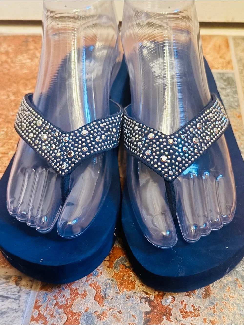 Like New Yellow Box Navy Blue Wedge Rhinestone Sandals! - Picture 3 of 15